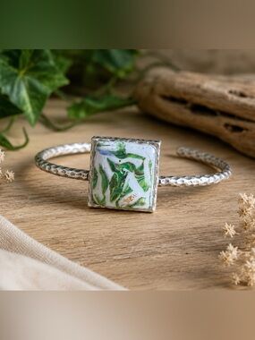 Hammered Cuff Bracelet | Green White Marbled Statement Jewelry | Adjustable Cuff